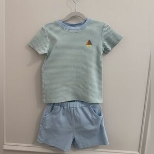 Boys Size 6 Light Blue Stripe Sailboat Tee & Shorts Matching Set 100%Pima Cotton